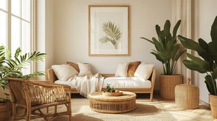 Mock-up frame on the wall of a cozy living room, light cream walls, rattan and wooden furniture, potted plants, natural light streaming through windows, 3D render.