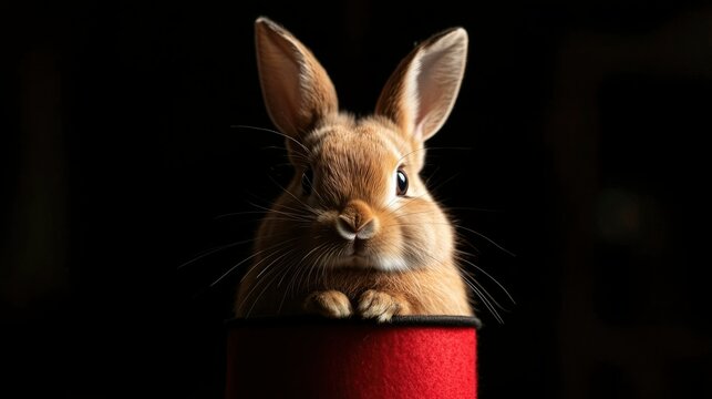Cute rabbit emerging from magician's hat on dark background, magic trick