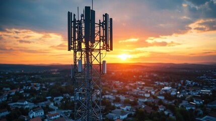 Sunset over city, cell tower antenna