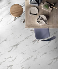 3D Render of Stylish Dining Area Featuring Marble-Look Flooring, Rustic Wooden Table, and Minimalist Tableware