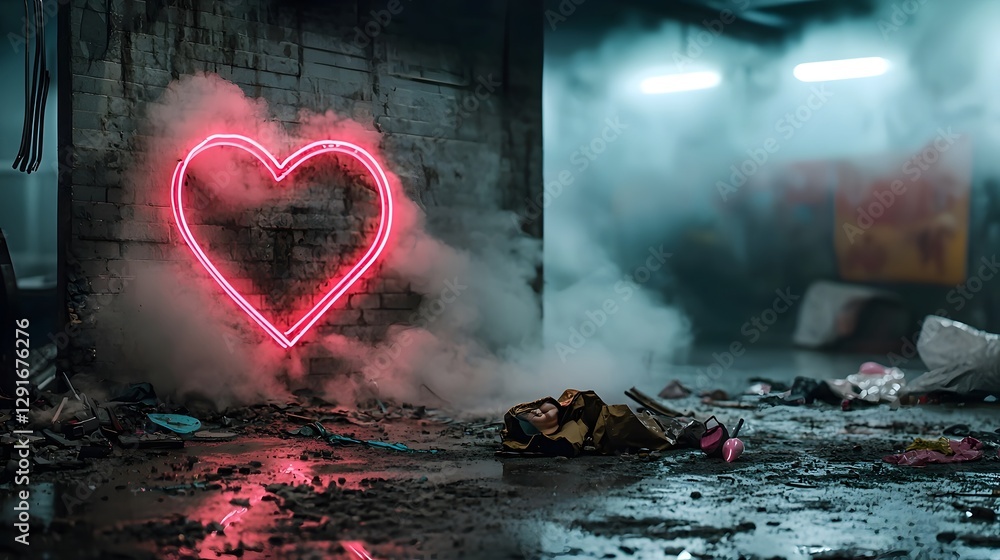 Poster neon pink heart shaped signs framing the edges of a futuristic aesthetic scene with an open atmosphe