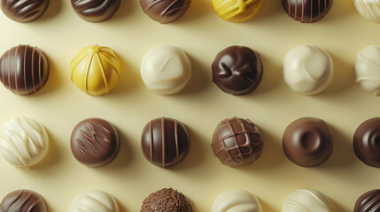Luxury assorted chocolate truffles, top view