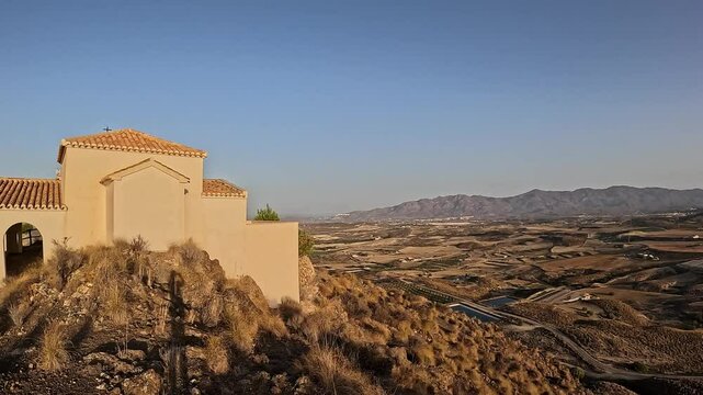 Beautiful landscape view of Mojacar, Spain, with a chapel on a hilltop
