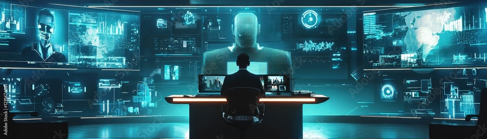 Poster a figure sits at a futuristic control desk, surrounded by illuminated screens displaying various dat