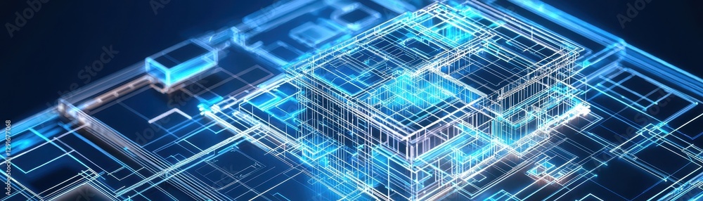 Poster a digital blueprint featuring a 3d wireframe structure with glowing blue lines, set against a dark b
