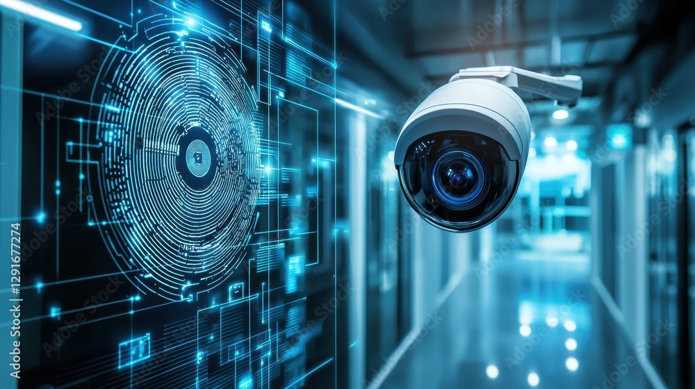 Poster a high-tech surveillance camera monitors a corridor, surrounded by digital data patterns, emphasizin