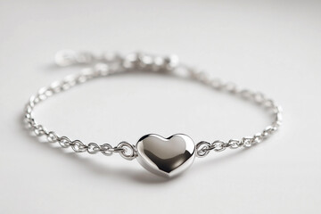 a silver bracelet with a heart on it on a white surface with a chain around it and a clasp