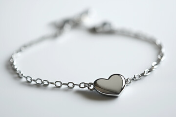 a silver bracelet with a heart on it on a white surface with a chain around it and a clasp