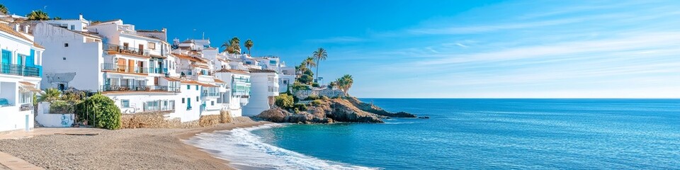 Fototapeta premium Beautiful Coastal View of a Picturesque Village Overlooking the Clear Blue Sea During a Sunny Day in a Coastal Region Known for Its Charm and Sandy Beaches