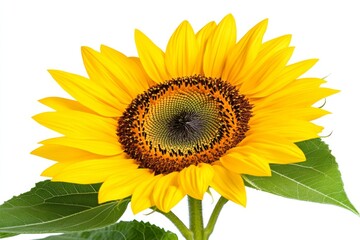 Obraz premium A bright yellow sunflower with green leaves on the stem, against a white background, in a high-resolution photo, with high quality, professional photography, sharp focus, and studio lighting.