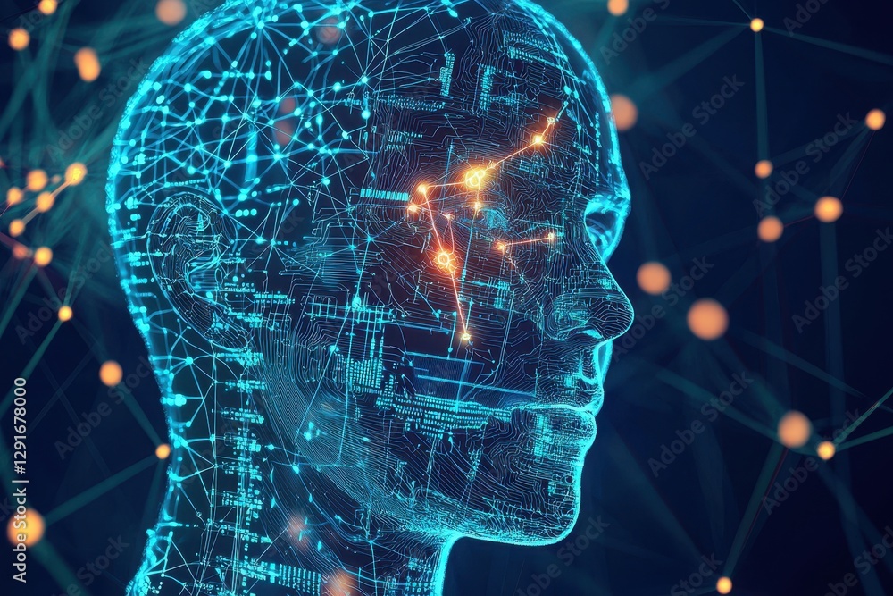 Poster a digital representation of a human head composed of glowing lines and nodes, symbolizing artificial