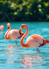 Stunning Pink Flamingos in a Vibrant Blue Lagoon