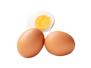 Top view set of two raw chicken eggs and cooked or boiled egg with egg yolk in one half isolated on white background with clipping path
