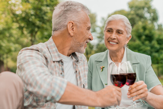 Close up Caucasian senior man and woman sitting on blanket having fun picnic together in garden outdoor. Lover couple eating food drinking red wine at the park. Happiness marriage lifestyle concept.