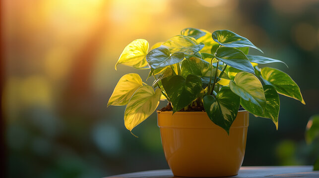 ellow Pothos in Pot with Sunlight