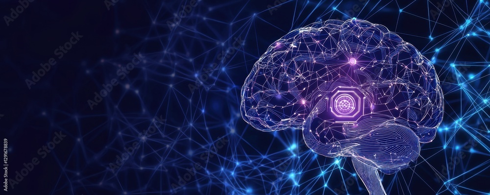 Poster a vibrant digital illustration of a brain interconnected with glowing neural networks, symbolizing a