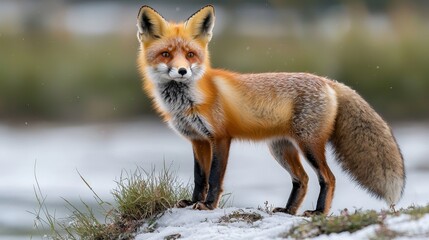 Obraz premium Red fox in snowy landscape wildlife photography natural habitat close-up animal behavior
