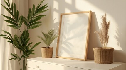 Mock-up frame standing on a white dresser in a cozy bedroom, soft beige bedding, rattan decor elements, potted plants in the corner, light streaming from the window, 3D render.