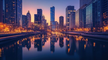 Fototapeta premium City skyline reflecting on river at dawn, showcasing vibrant lights and peaceful atmosphere in Pittsburgh