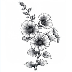 Fototapeta premium Hollyhock flower. Engraving sketch black and white