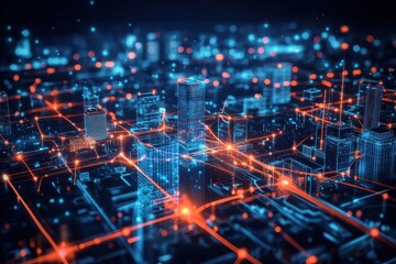Fototapeta premium A futuristic cityscape with illuminated buildings and interconnected pathways, showcasing a vibrant digital network.