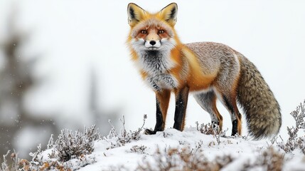 Fototapeta premium Wild red fox standing on snowy ground winter landscape nature photography outdoor close-up wildlife observation
