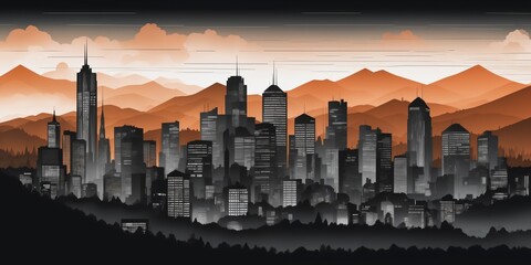 City Skyline with Orange Mountain Range at Sunset