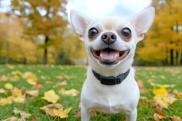 A cute, smiling Chihuahua dog standing on the grass in an autumn forest, with trees and yellow leaves blurred behind it. focusing on capturing the detailed expressions of joy against a natural