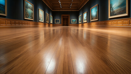 Obraz premium spacious art gallery featuring beautiful paintings on walls, polished wooden floors, and elegant lighting creates serene atmosphere for art appreciation