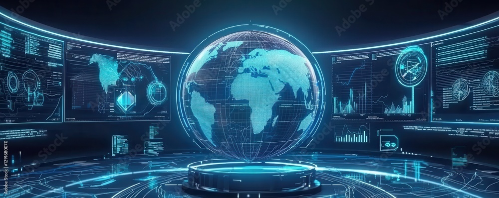 Poster a futuristic digital interface displaying a globe surrounded by data analytics and visuals in a high