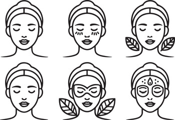 Beauty mask line art vector icons set, woman natural beauty spa editable stroke outline illustration. Isolated on a white background.