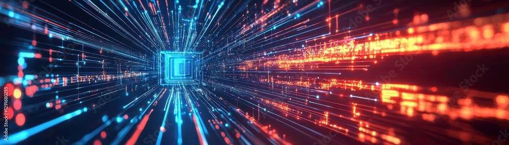 Poster a vibrant digital tunnel of blue and red light streams, representing data flow and advanced technolo