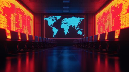 A dark room with glowing red and blue screens displays a world map, suggesting a high-tech control center or data hub.