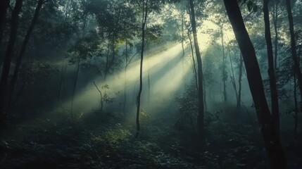 Sunlight filters through trees in a serene forest during early morning hours