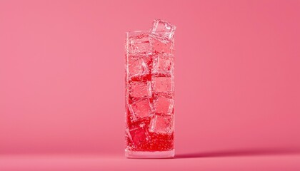 Pink drink with ice cubes in a glass on pink background