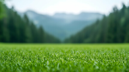 Fototapeta premium Lush green grass, mountain backdrop, peaceful nature scene