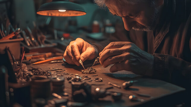 Craftsman at Work: A skilled artisan meticulously repairs a vintage timepiece, his weathered hands expertly manipulating delicate tools under the warm glow of a lamp, emphasizing precision. - Powered by Adobe
