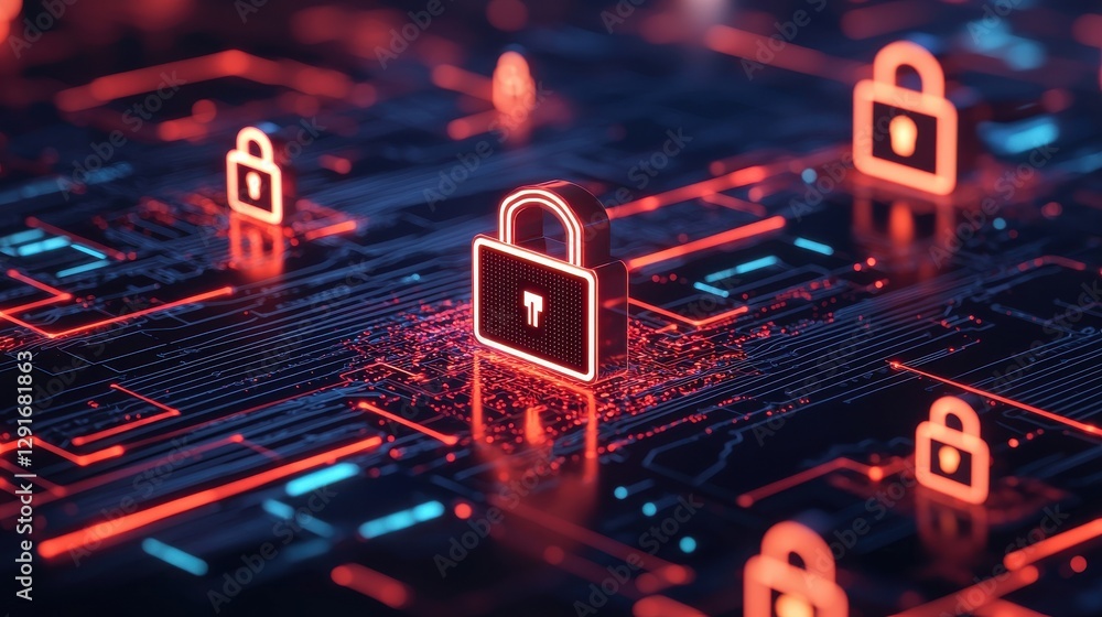 Poster a digital landscape featuring glowing padlocks symbolizing cybersecurity and data protection in a te