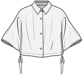 Woven Crop Shirt With Side Gathered Drawstring Fashion Illustration, Vector, CAD, Technical Drawing, Flat Drawing, Template, Mockup.