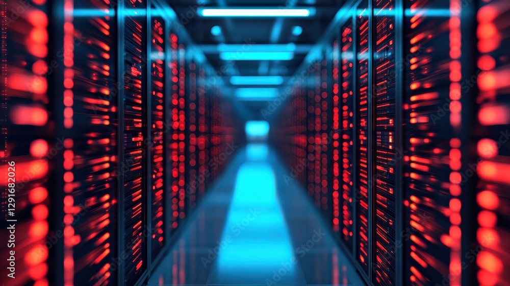 Poster a futuristic data center corridor illuminated by vibrant blue and red lights, showcasing rows of ser