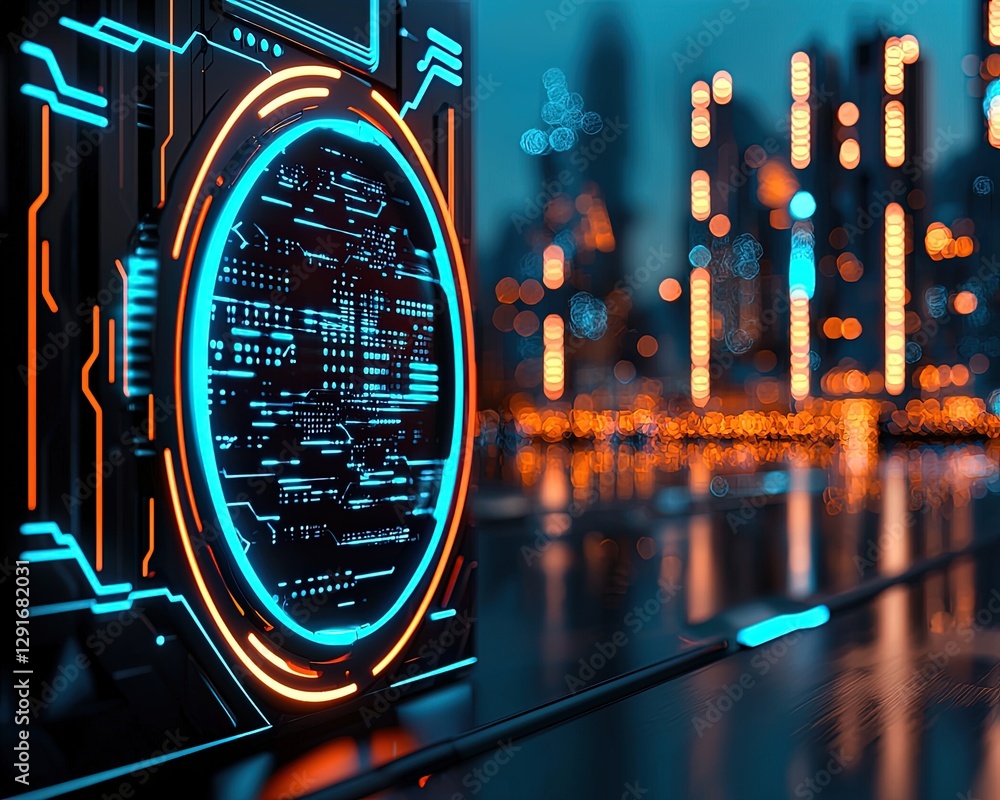 Poster futuristic abstract background with neon light and digital circuit elements in cityscape