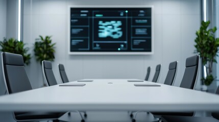 A modern conference room featuring a sleek table, ergonomic chairs, and a large digital screen displaying information.