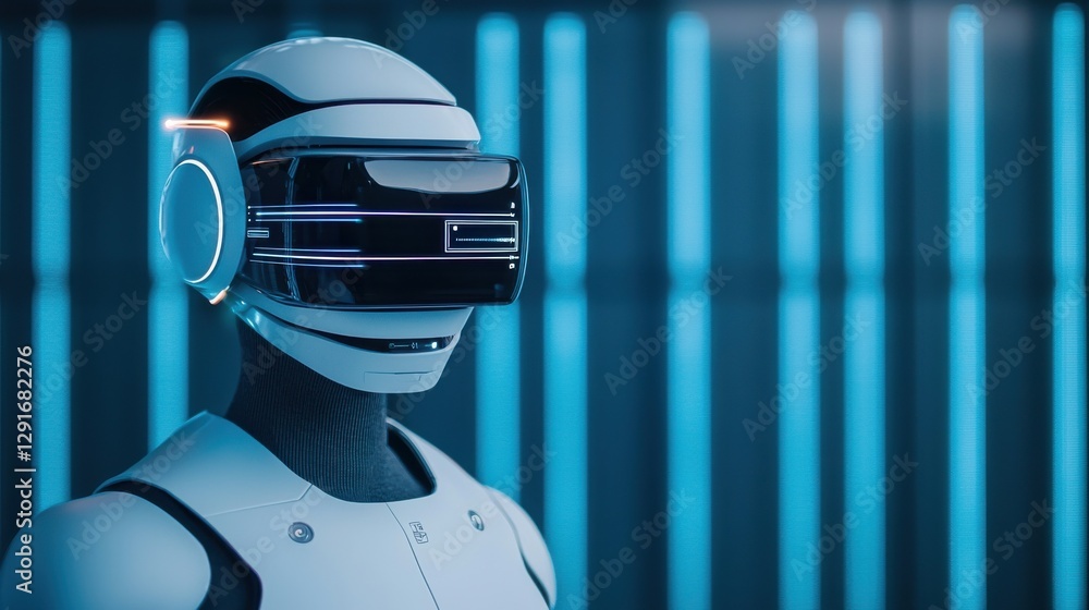 Poster a futuristic robot with a sleek artistic layout and advanced visor stands in a blue-lit environment,