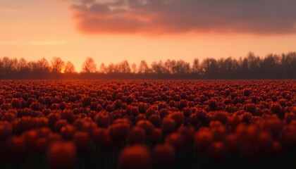 Obraz premium Red tulip field sunset landscape, spring floral background, nature beauty