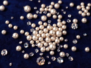 Scattered Pearls and Rhinestones on Blue Velvet