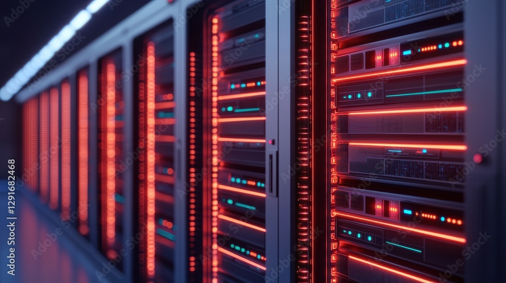 Poster a visually striking data center filled with rows of servers illuminated by vibrant red and blue ligh
