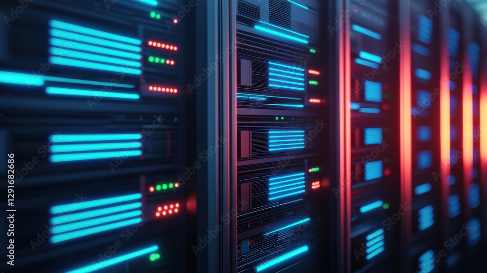 Poster a close-up view of a data center with illuminated server racks, showcasing vibrant blue and red ligh
