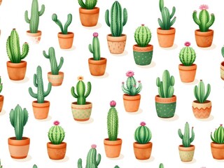 Seamless Pattern of Cactus Plants in Pots