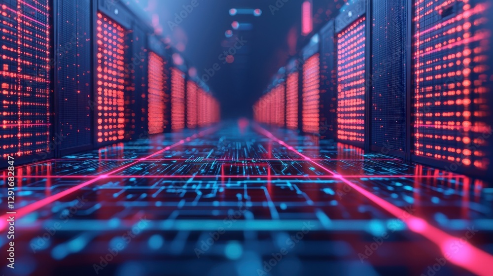 Poster a futuristic data center corridor illuminated with red and blue lights, showcasing rows of servers a