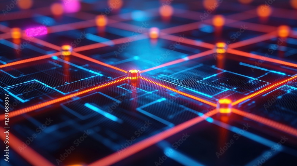 Poster a vibrant digital grid featuring glowing lines and nodes, representing advanced technology and data 
